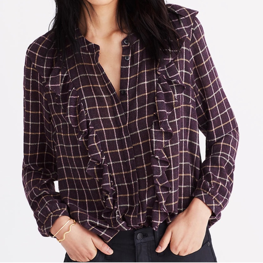 🌺 3/$25 Madewell Plaid Metallic Ruffled Top